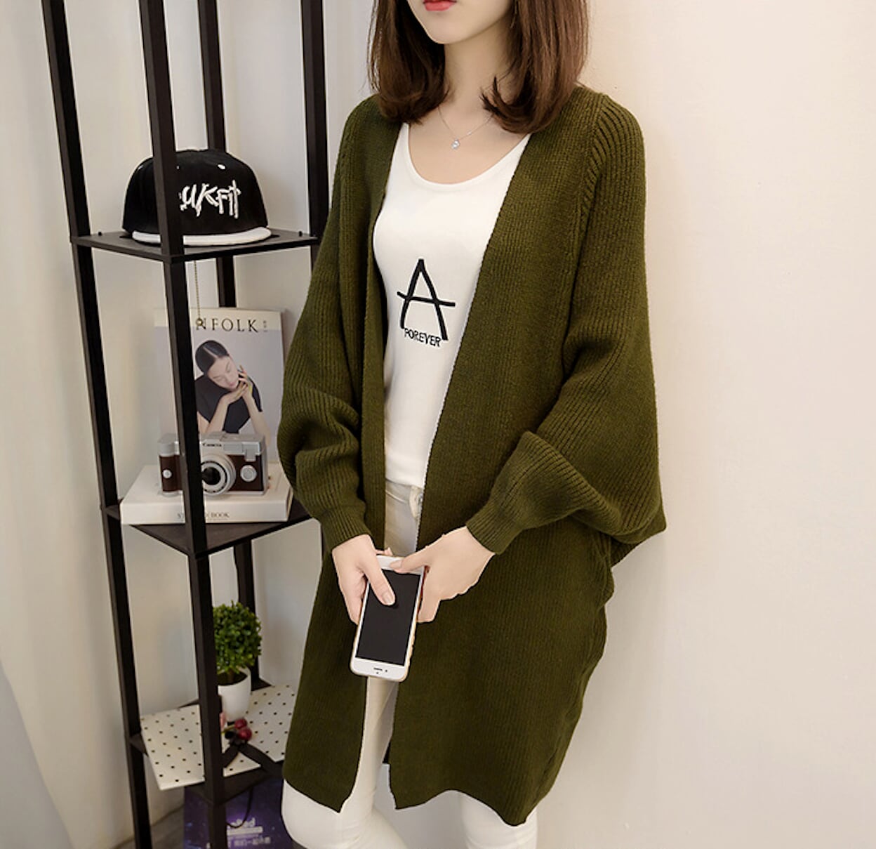 Women's Open Front Cardigan with Mid-Length and Pockets
