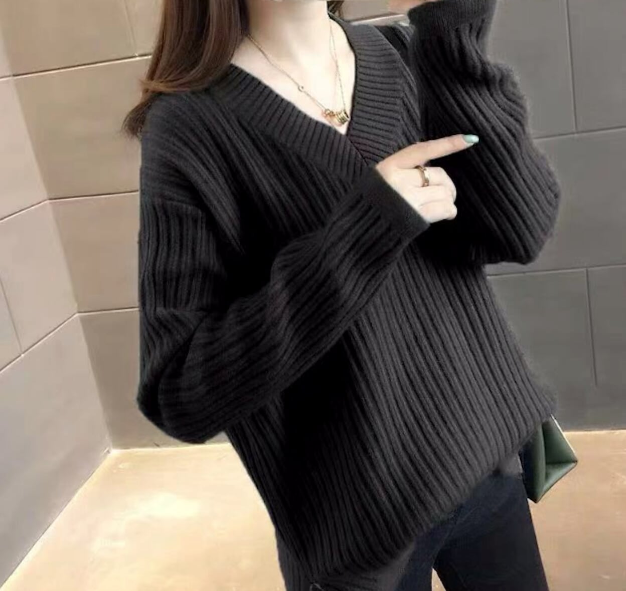 Ribbed Knit Sweater for Women with a V-Neck Design