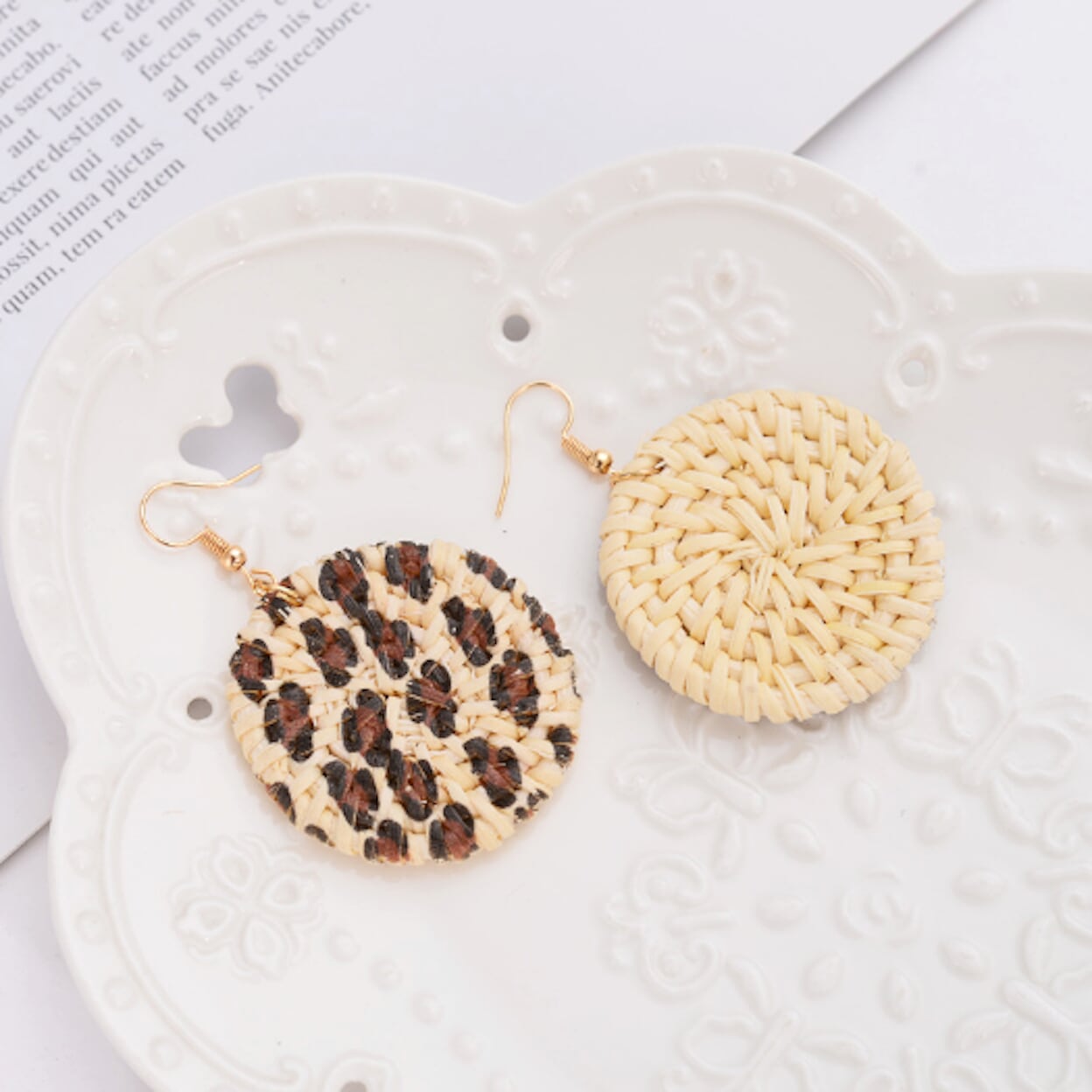 Leopard Print Rattan Dangle Earrings