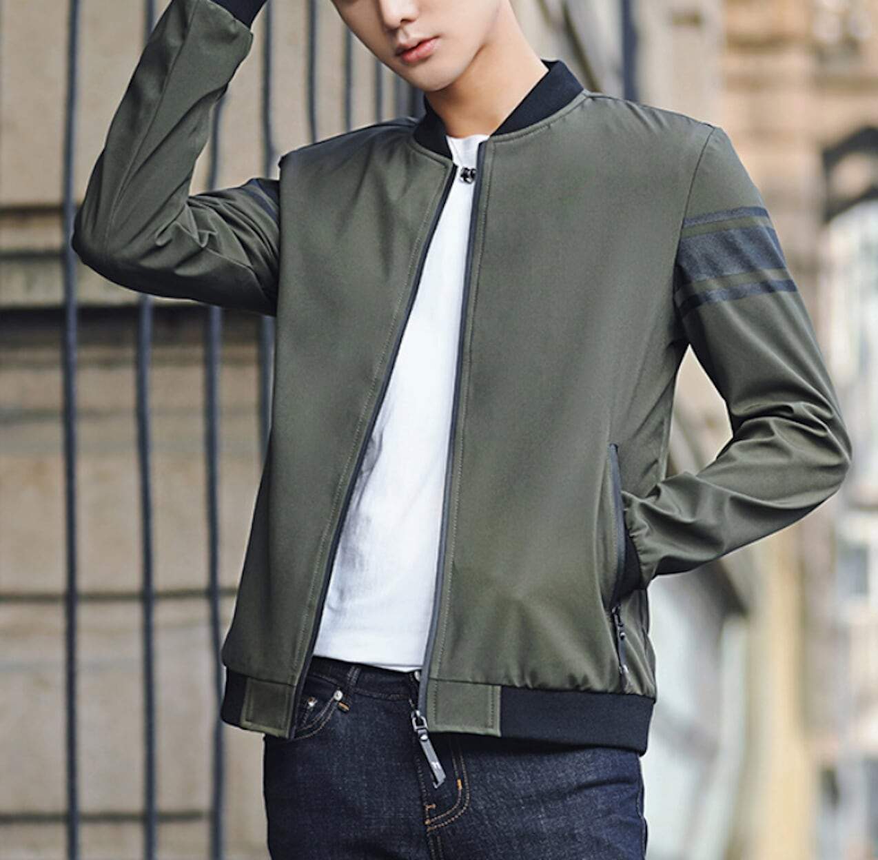 Striped Sleeve Zip-Up Bomber Jacket for Men