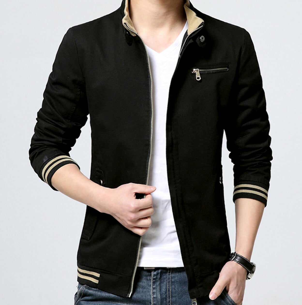 Black Zip-Up Jacket with Stand Collar for Men