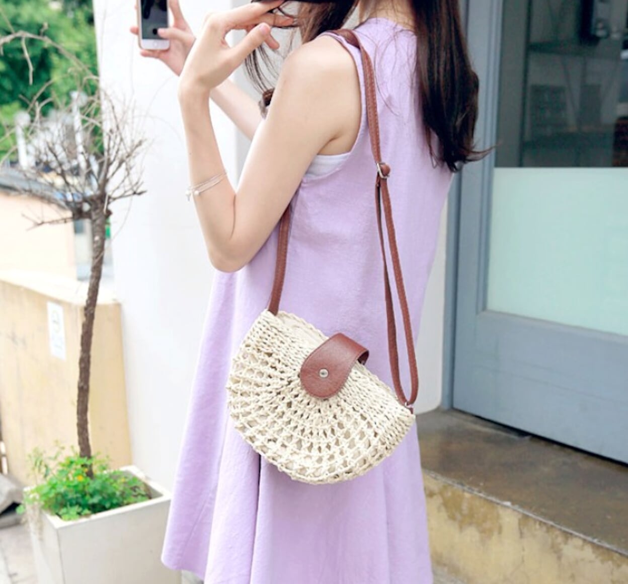 Straw Crossbody Bag with a Half Moon Design