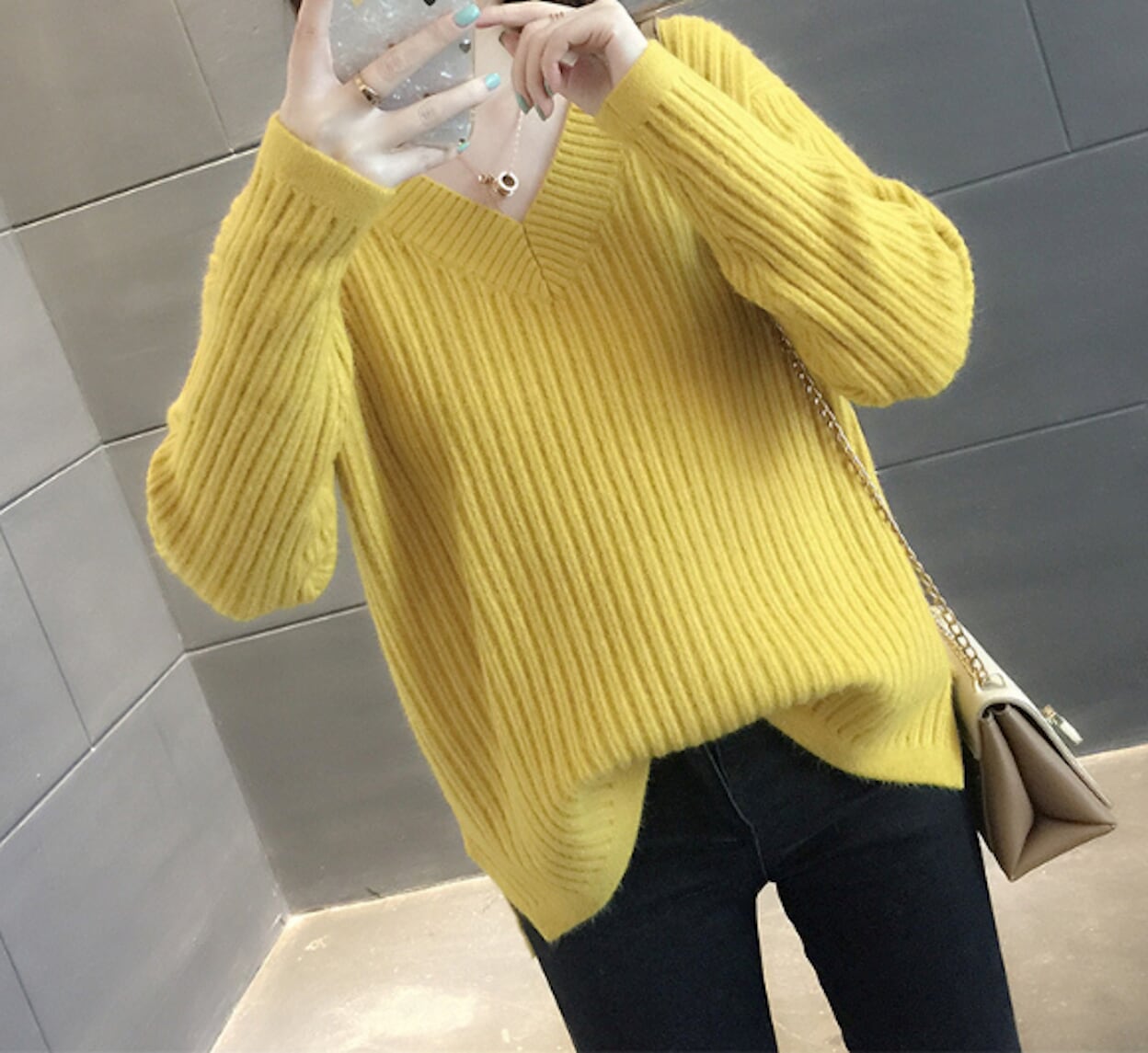 Ribbed Knit Sweater for Women with a V-Neck Design
