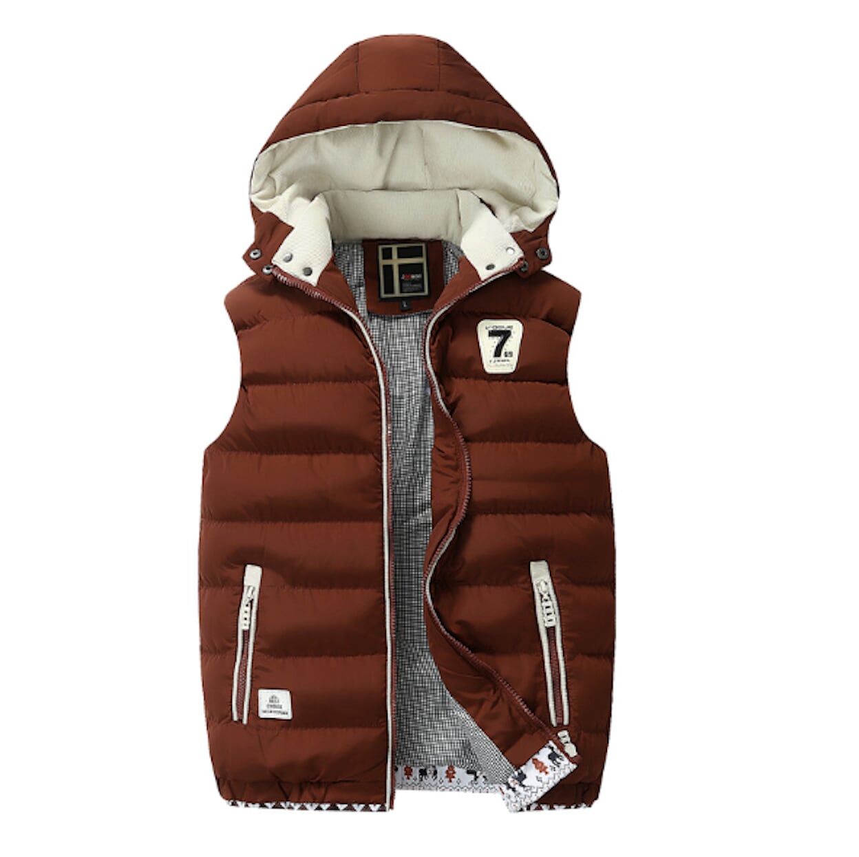 Red Wine Hooded Puffer Vest with Two-Tone Design for Men