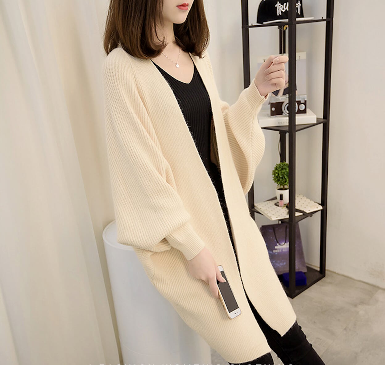 Women's Open Front Cardigan with Mid-Length and Pockets