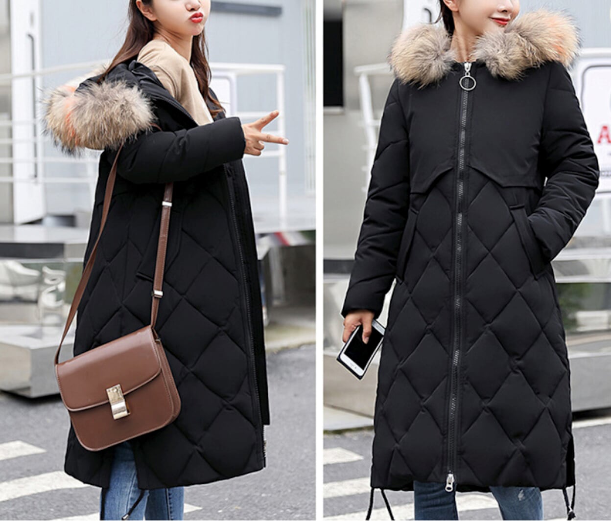 Long Coat for Women with a Hood Fur Trim and Zipper Closure