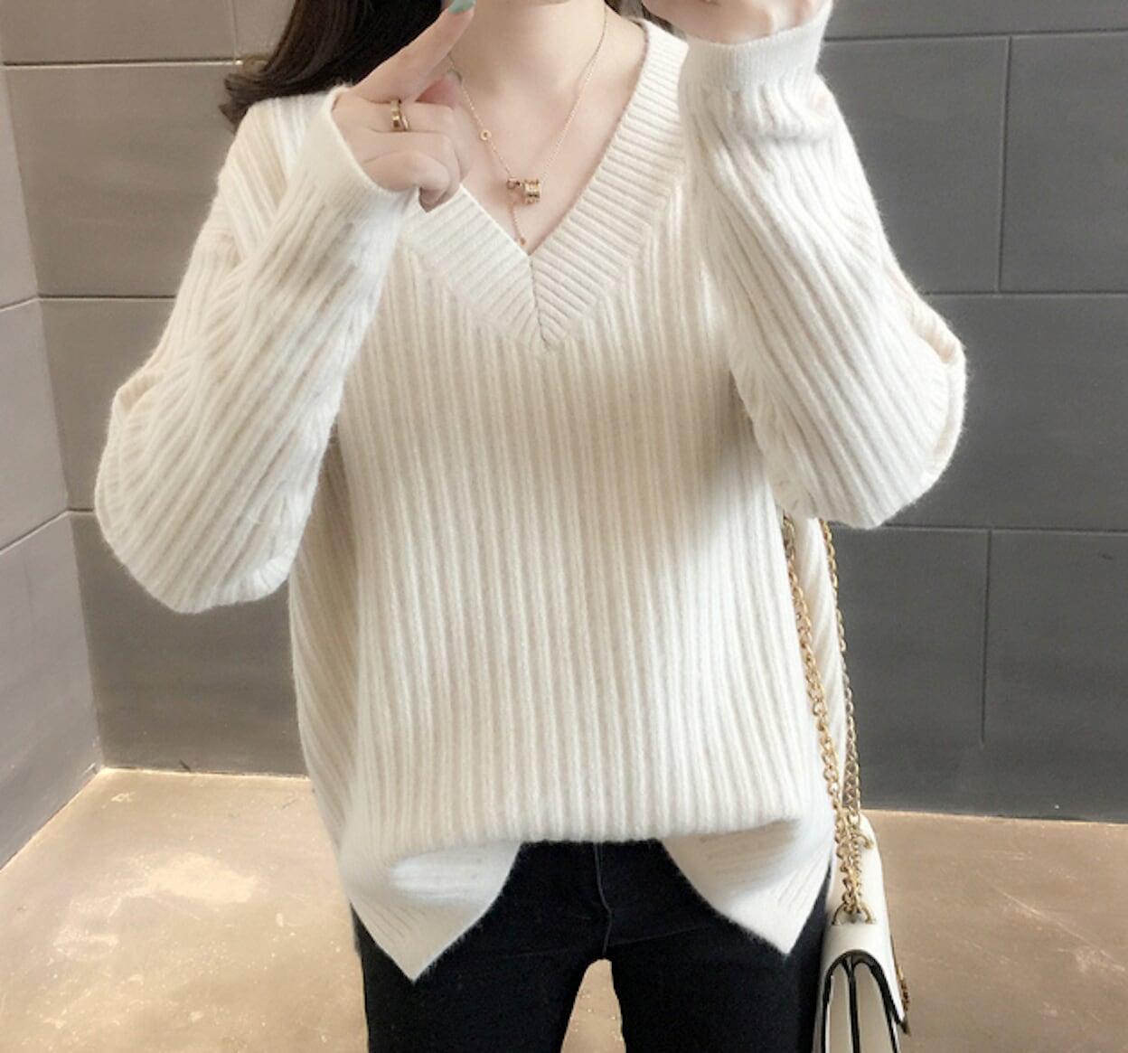 Ribbed Knit Sweater for Women with a V-Neck Design