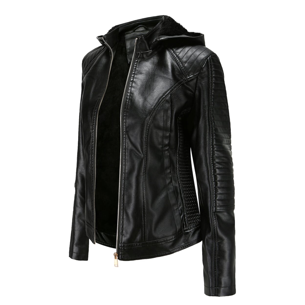 Faux Leather Hooded Jacket with Plush Interior