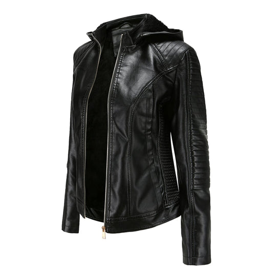 Faux Leather Hooded Jacket with Plush Interior