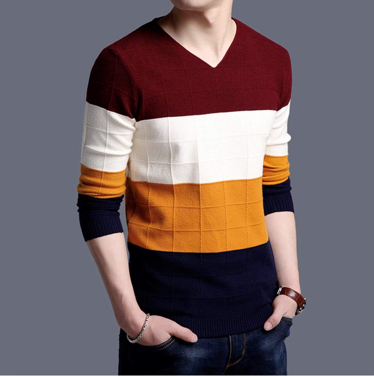 Color Block Sweater for Men with a V-Neck