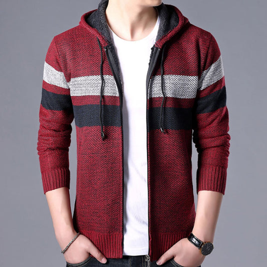 Red Hooded Striped Knit Cardigan for Men