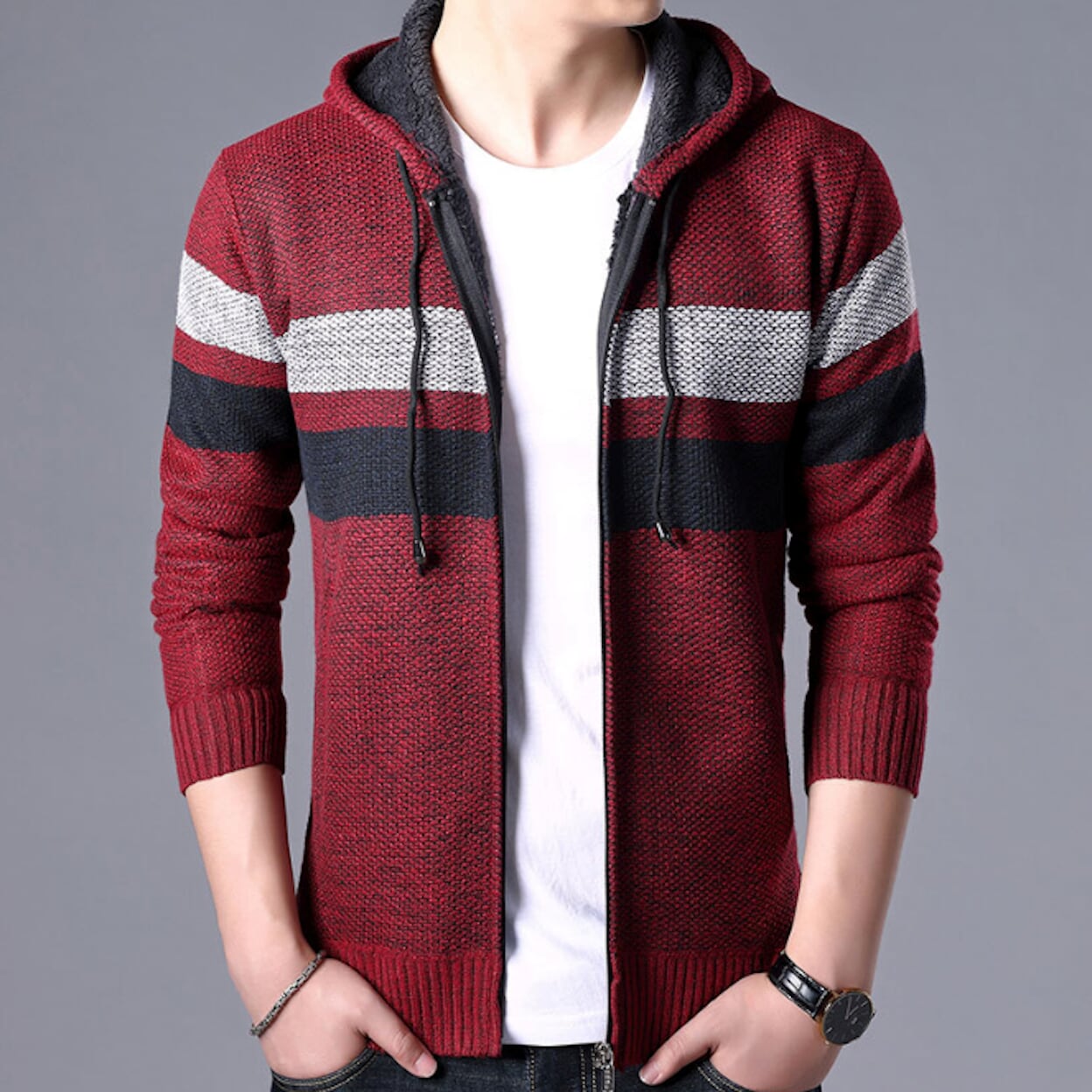 Hooded Men's Striped Knitted Sweater