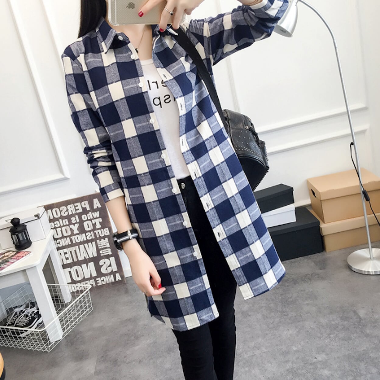 Plaid Shirt with Mid-Length and Convenient Pockets for Women