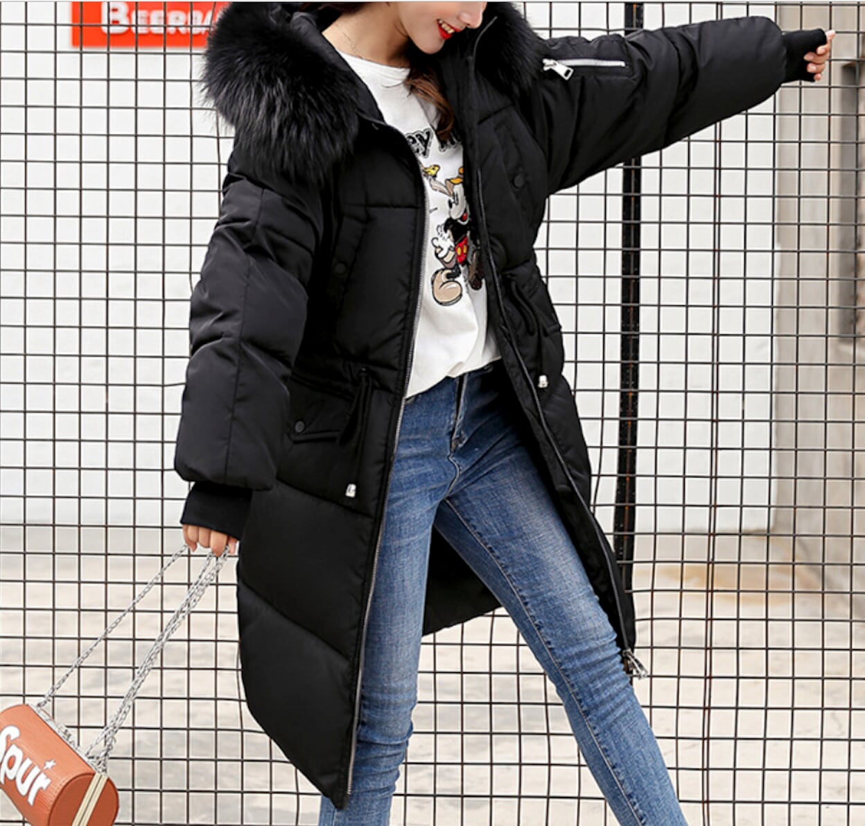 Cinch Waist Puffer Coat with Cozy Hood for Women