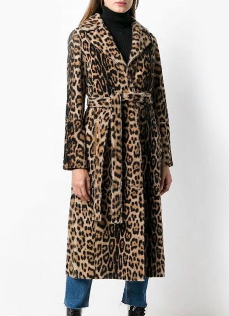 Leopard Print Faux Fur Coat for Women with Cinched Waist