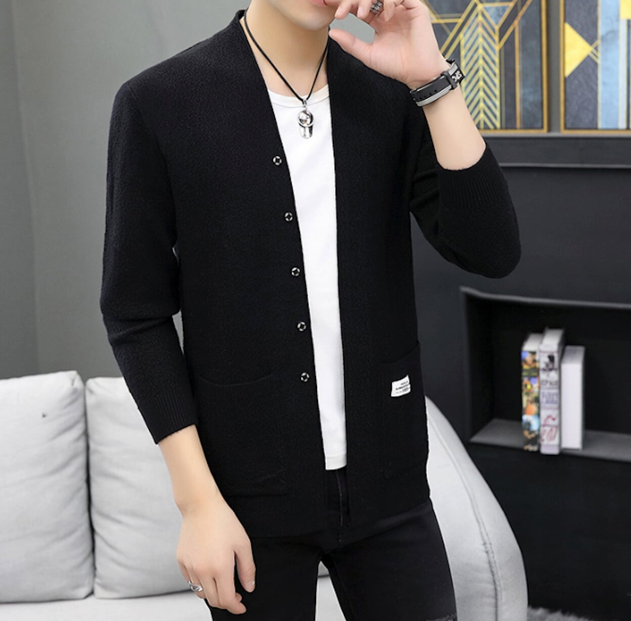 Cardigan for Men with Snap Buttons and Pockets