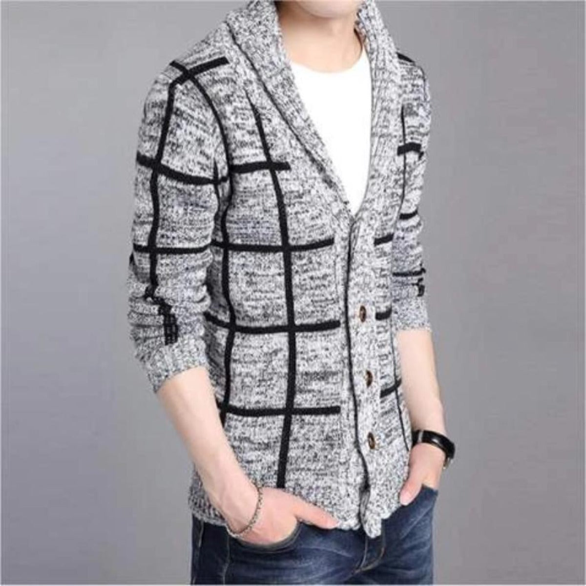 Gray Men's Cardigan with a Shawl Neckline