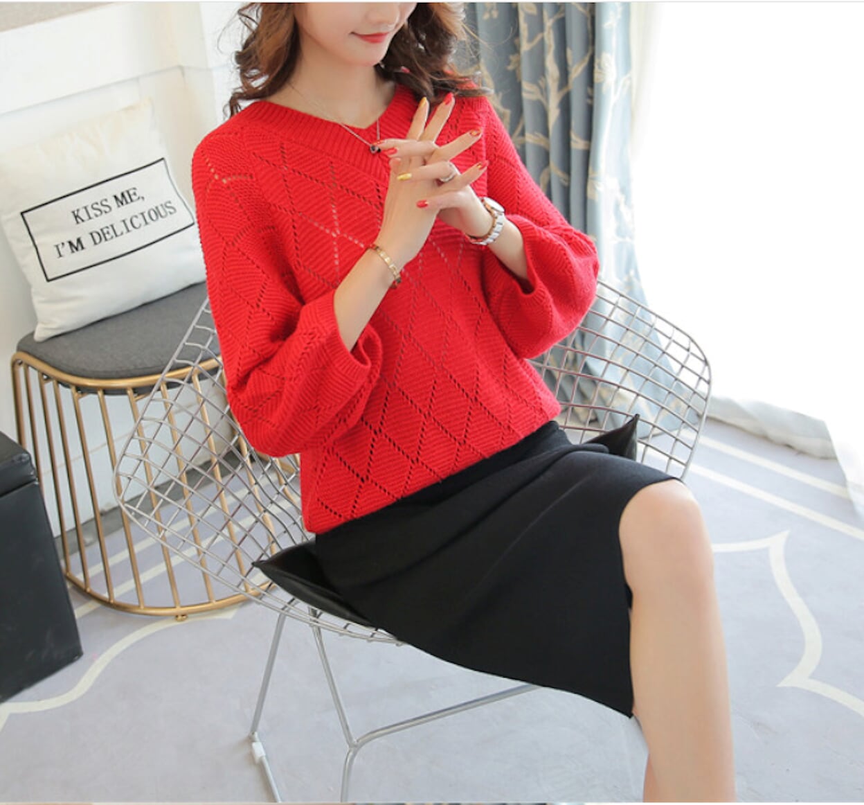 Knit Top with V Neck and Batwing Sleeves for Women