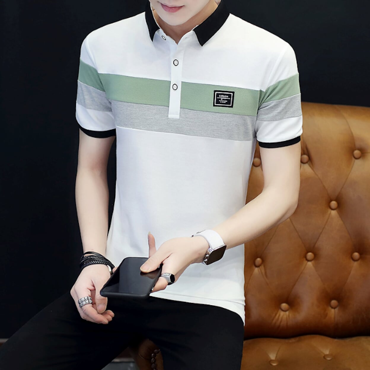 Slim Fit Wide Striped Polo Shirt for Men with Solid Back Panel