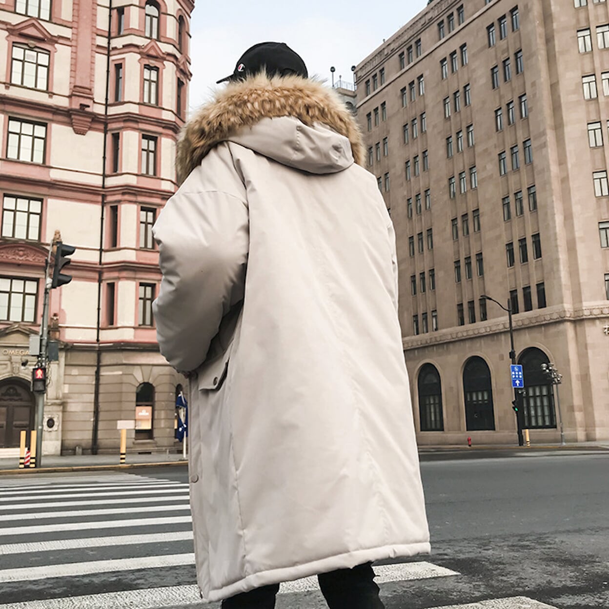 Long Parka Jacket for Men with Faux Fur Hood