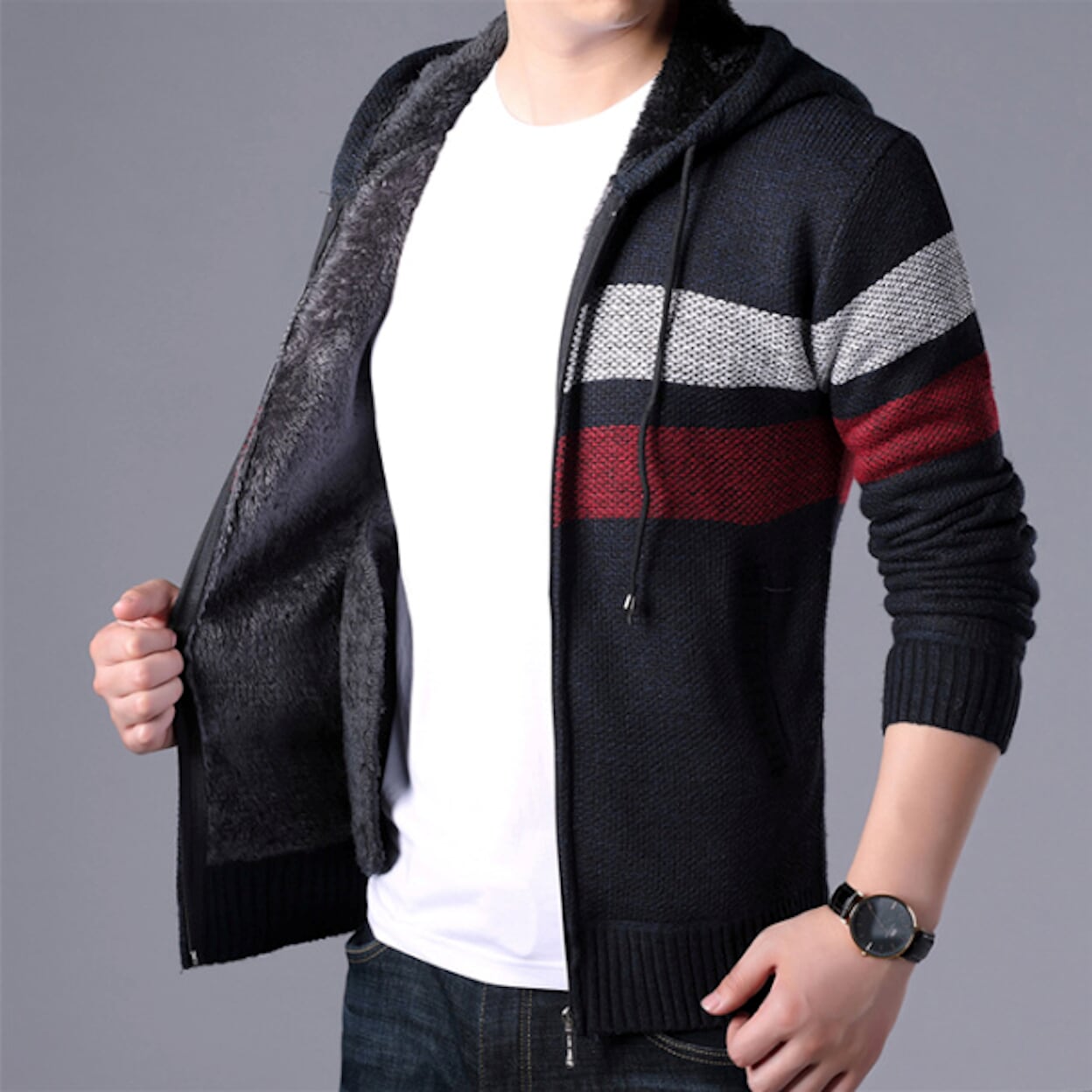 Hooded Men's Striped Knitted Sweater