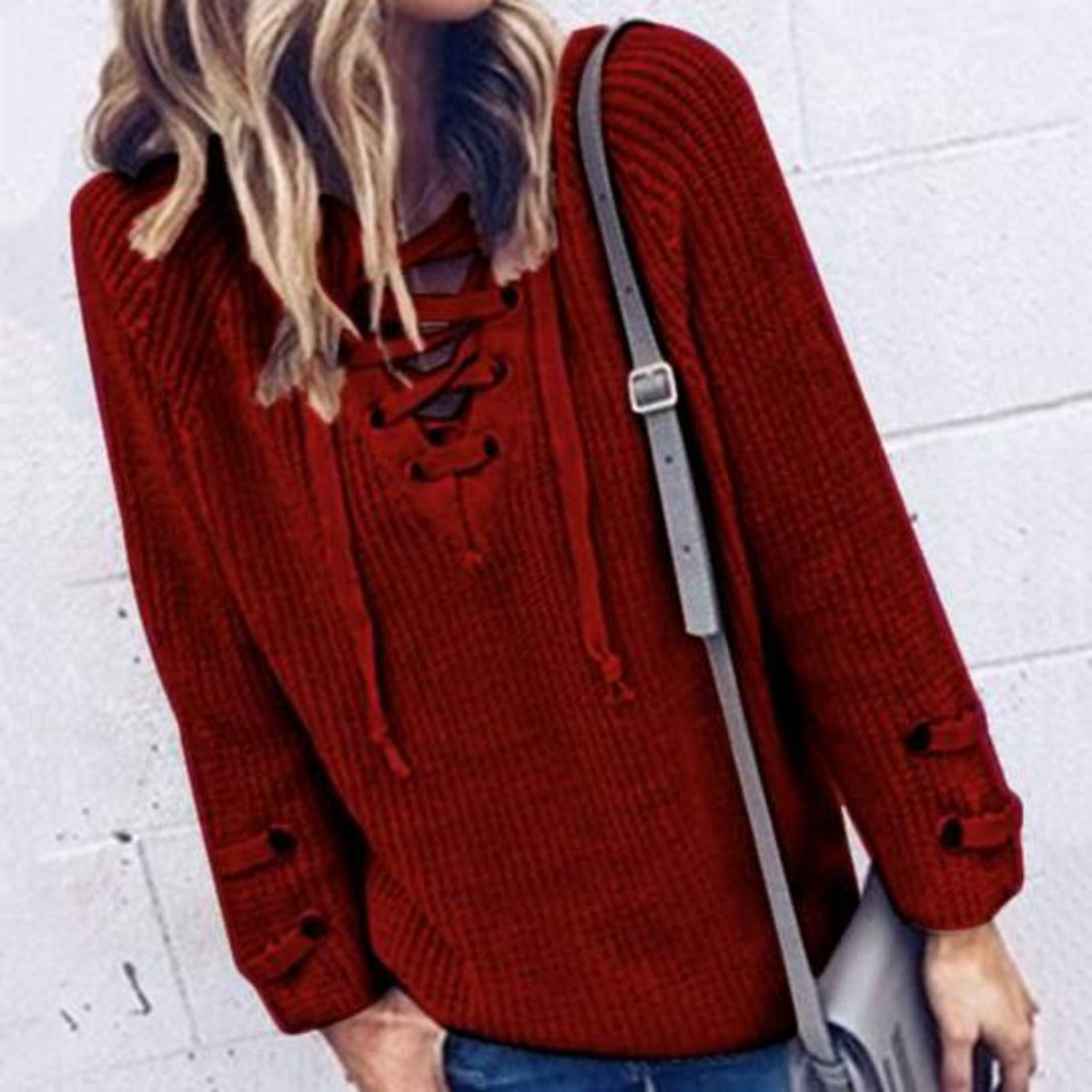 Casual Sweater with Lace-Up Detail for Women