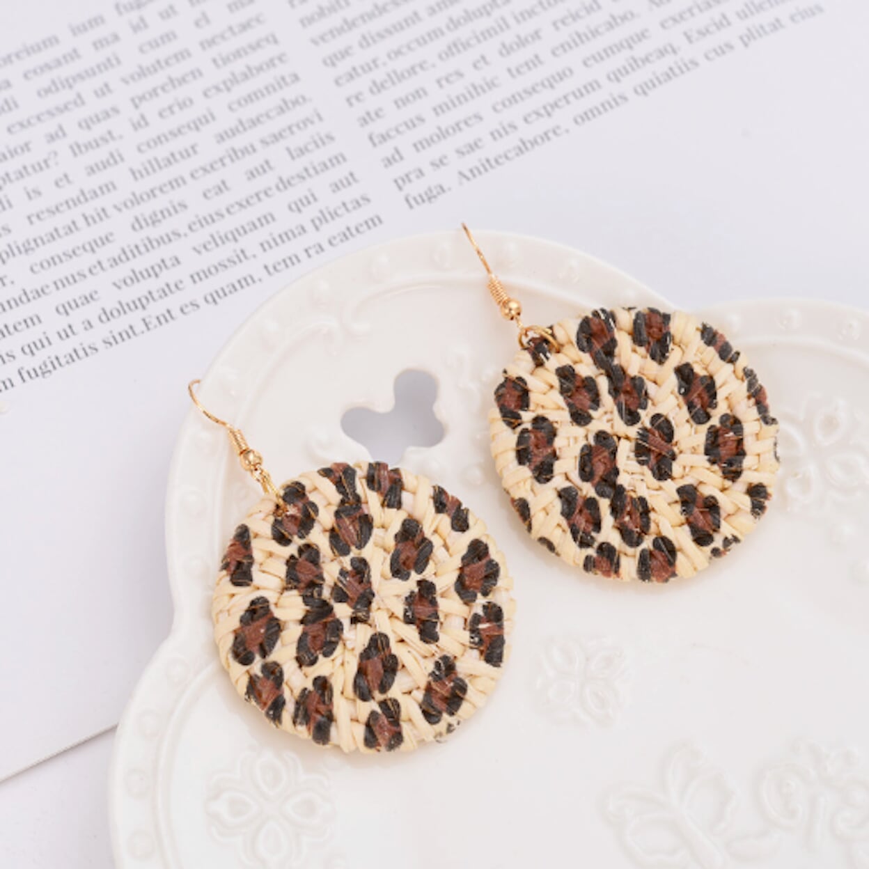 Leopard Print Rattan Dangle Earrings