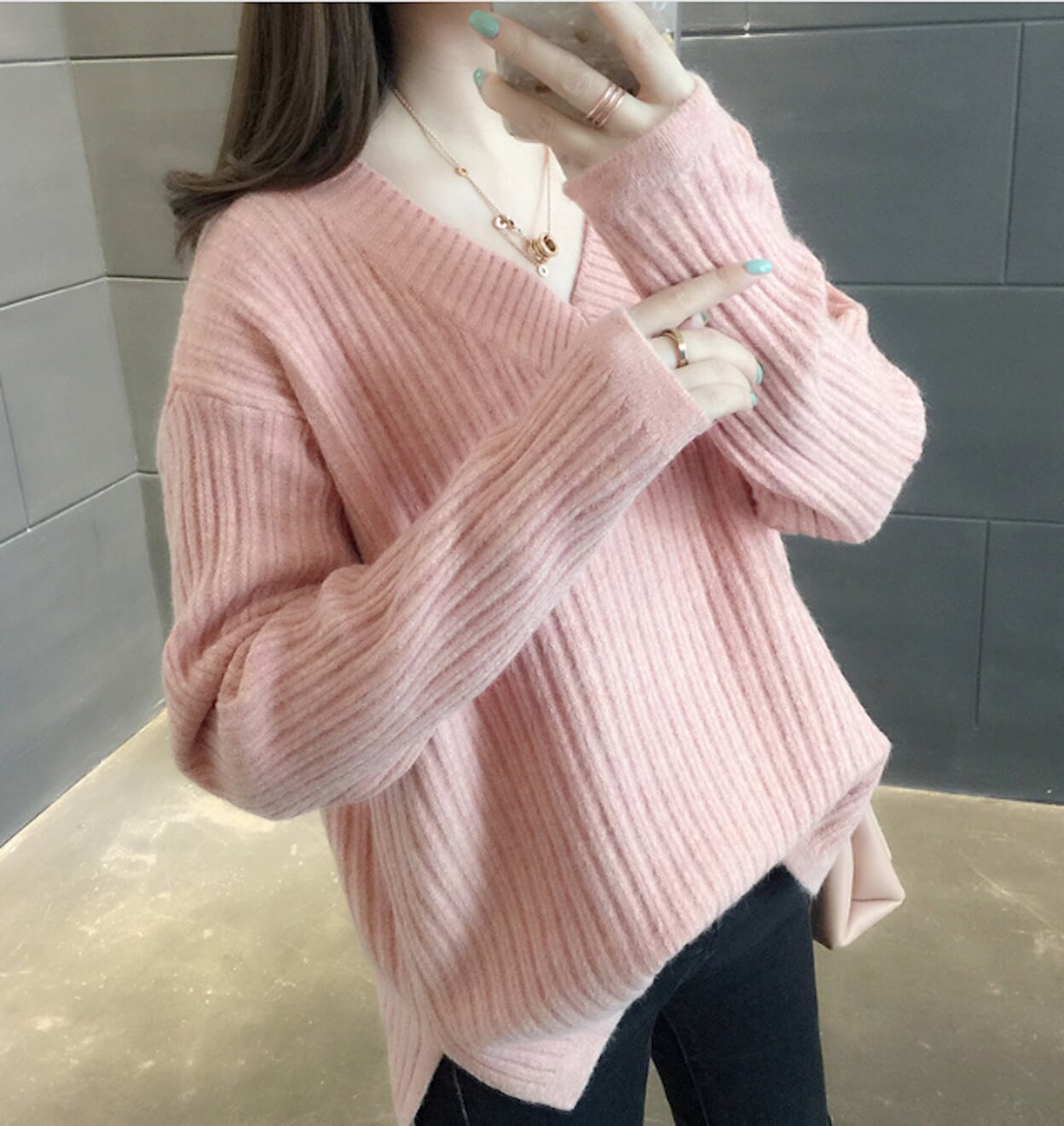 Ribbed Knit Sweater for Women with a V-Neck Design