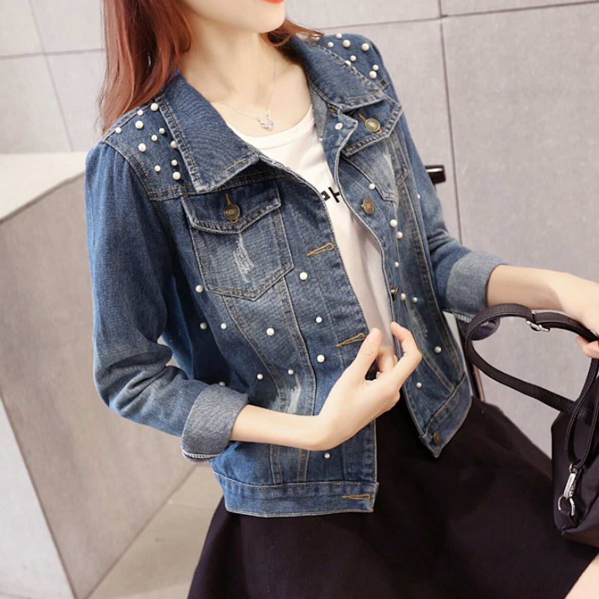 Denim Jacket for Women Adorned with Pearls