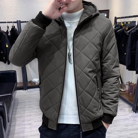 Quilted Hooded Jacket for Men with Zipper Closure