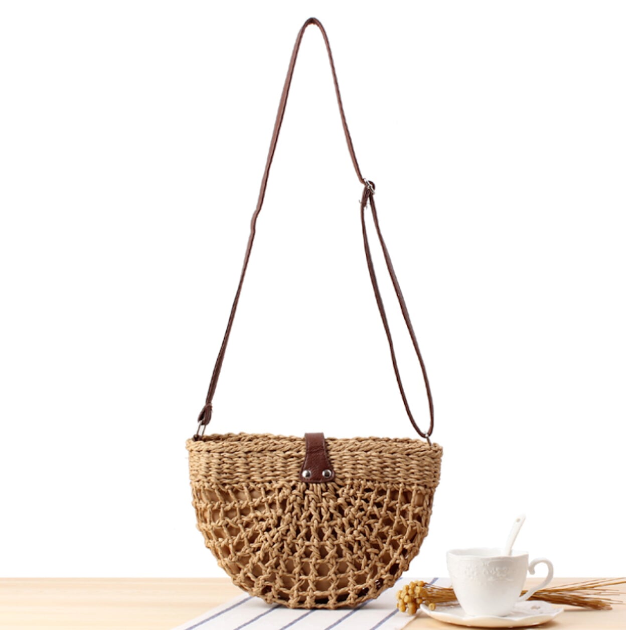 Straw Crossbody Bag with a Half Moon Design