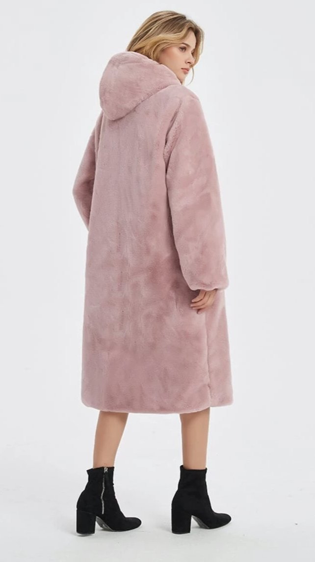 Faux Fur Coat for Women with Hood and Pockets