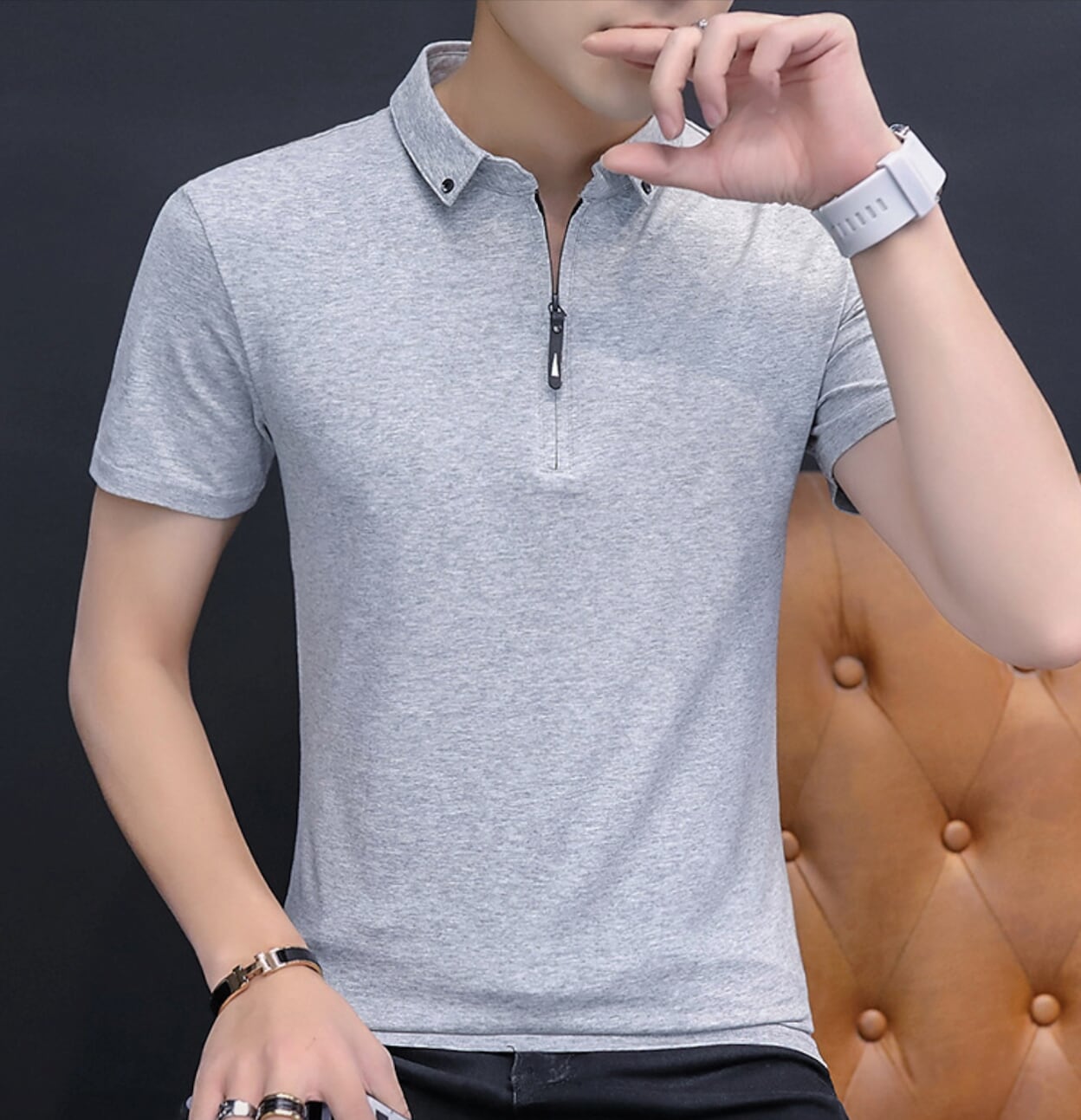Half-Zip Polo Shirt for Men featuring Collar Embellishments