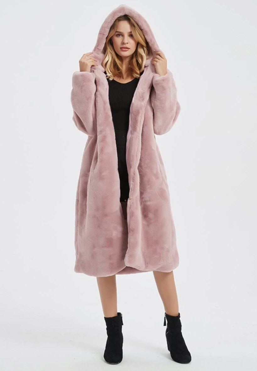 Faux Fur Coat for Women with Hood and Pockets