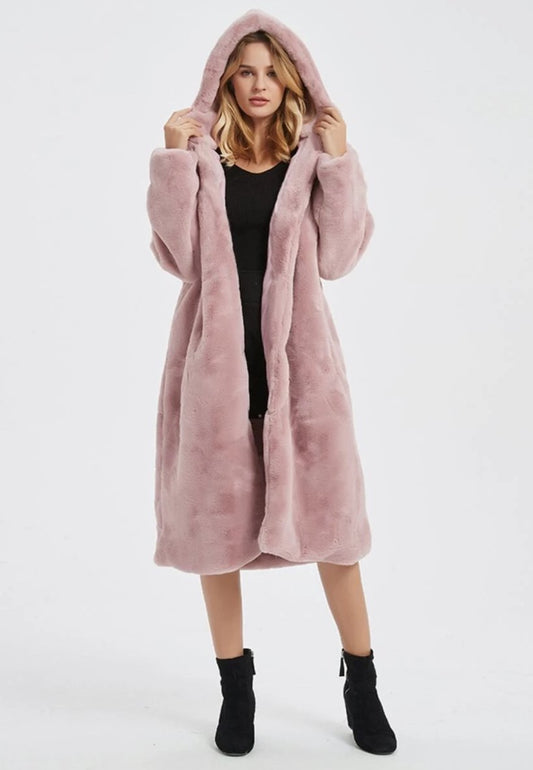 Faux Fur Coat for Women with Hood and Pockets