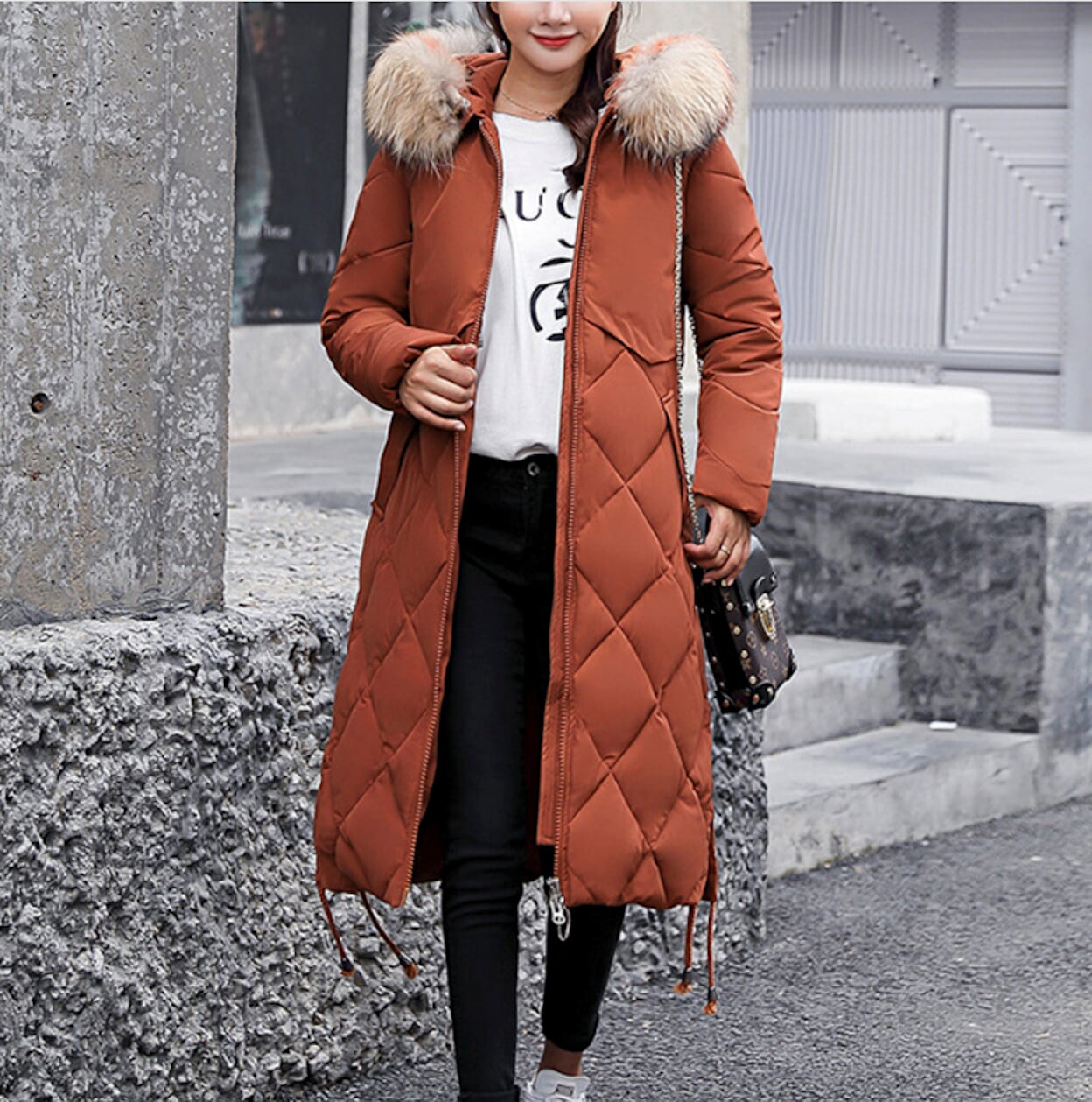 Long Coat for Women with a Hood Fur Trim and Zipper Closure