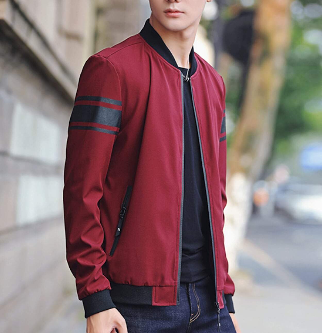Striped Sleeve Zip-Up Bomber Jacket for Men