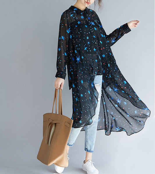 Black Asymmetrical Long Chiffon Top for Women