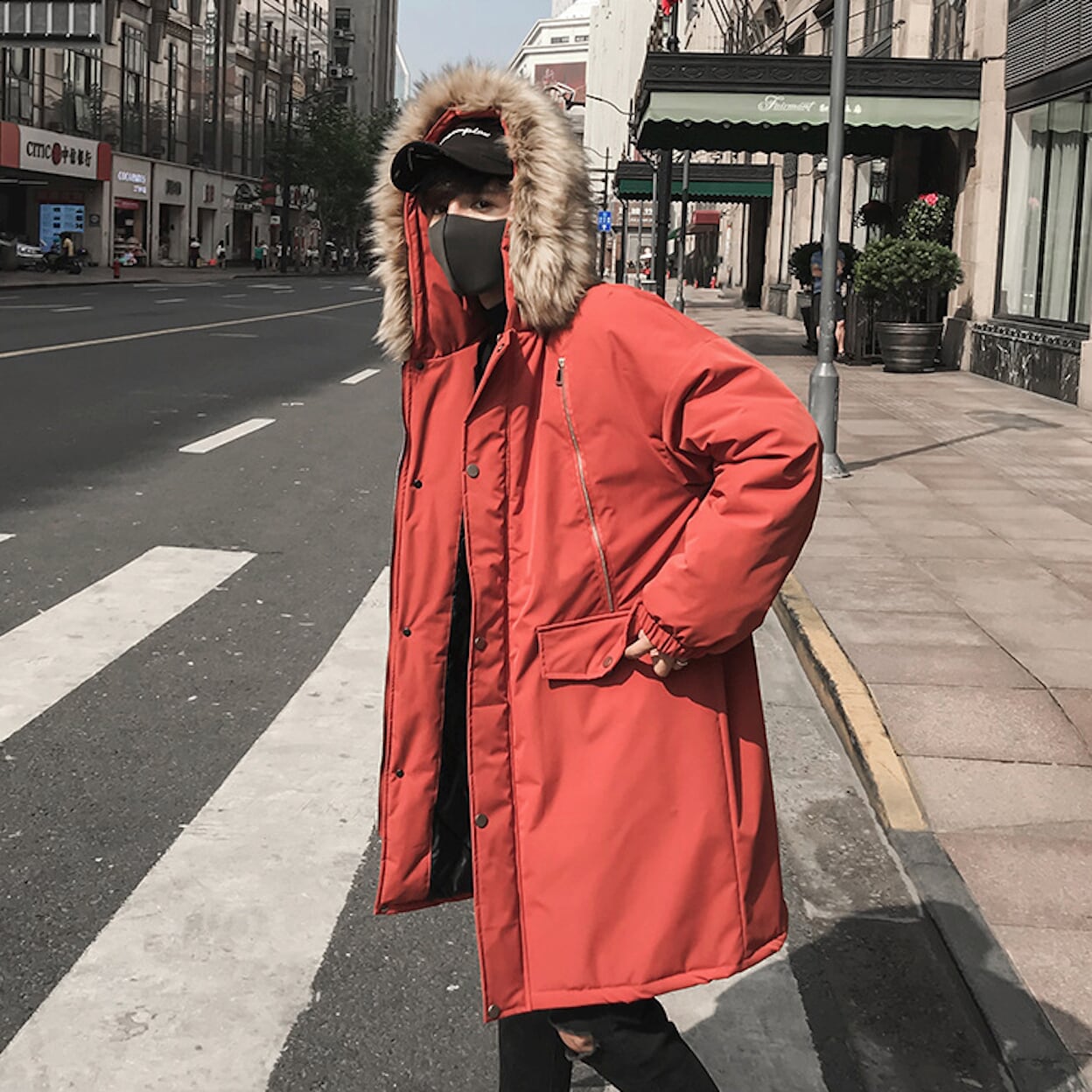 Long Parka Jacket for Men with Faux Fur Hood