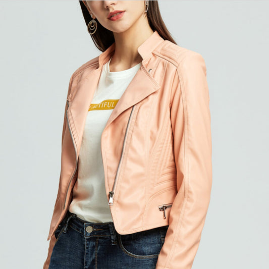 Cropped Motorcycle Jacket for Women with Zipper Accents