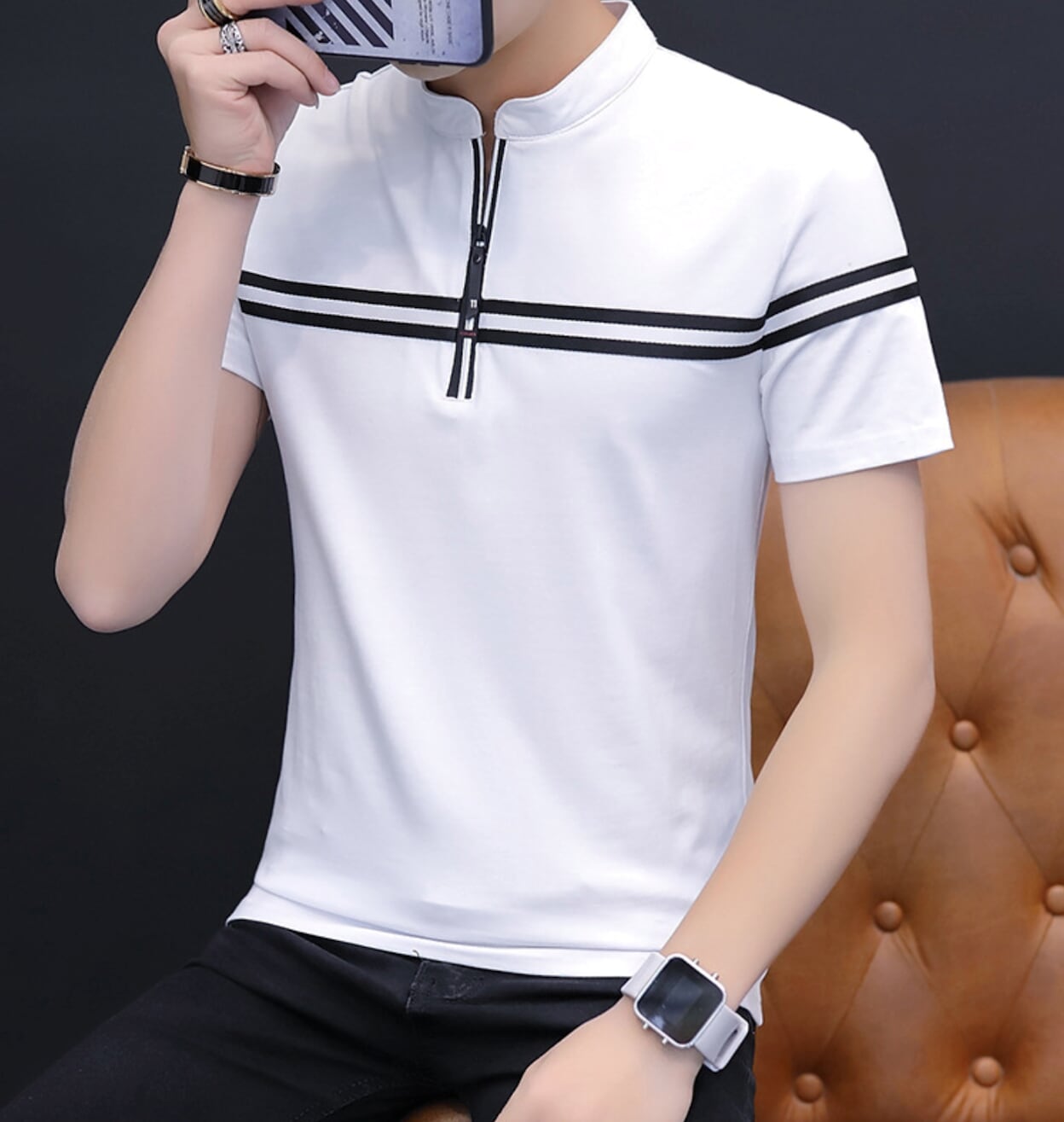 Stand Collar Men's Polo Shirt with Stripes