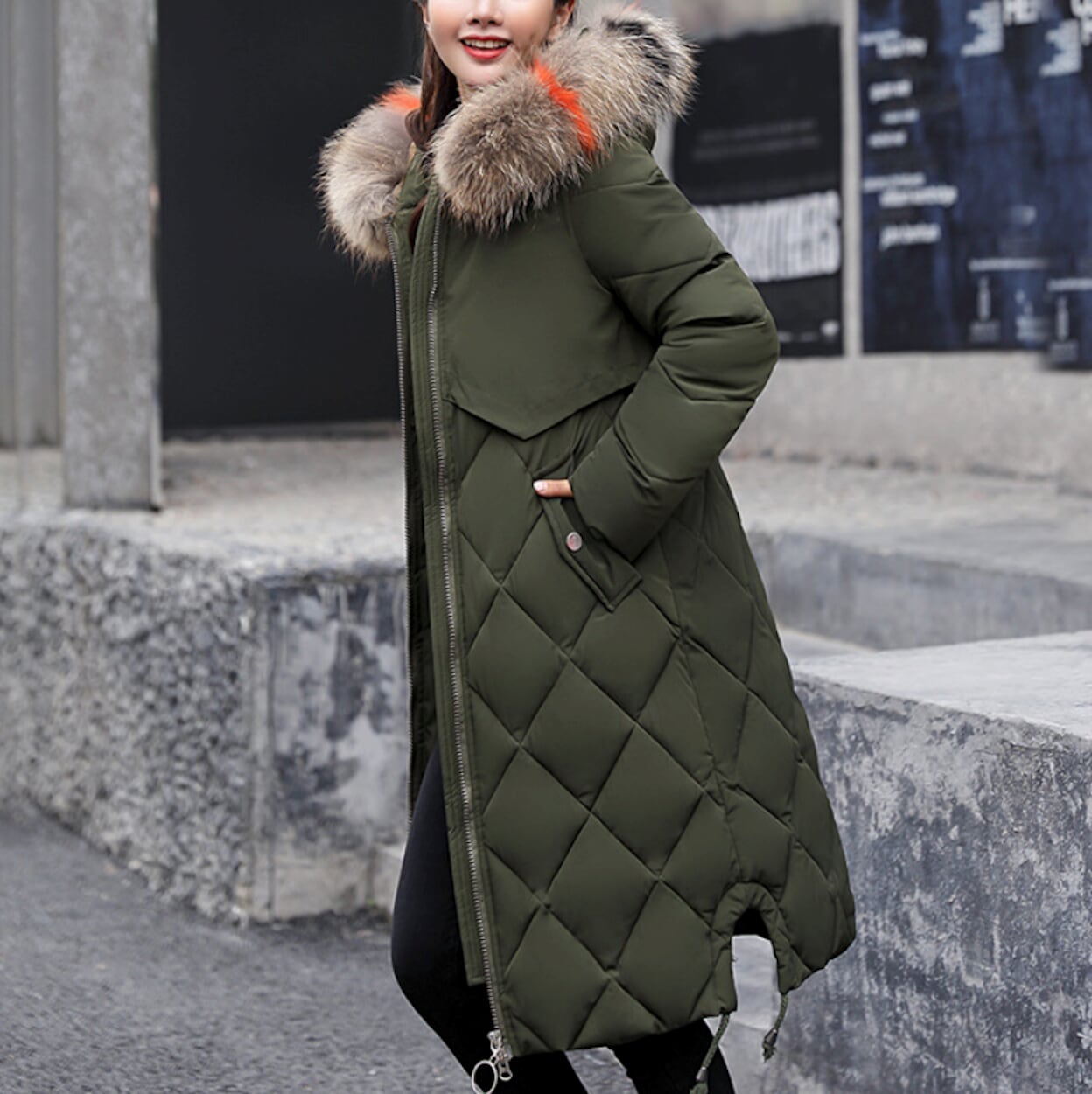 Long Coat for Women with a Hood Fur Trim and Zipper Closure
