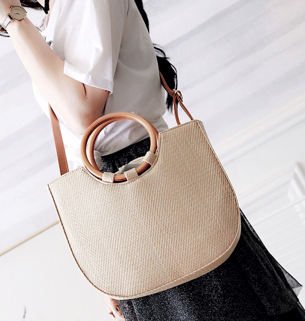 Circular Handled Straw Tote Bag