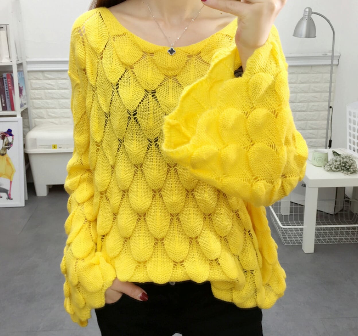 Open Knit Bell Sleeve Blouse for Women