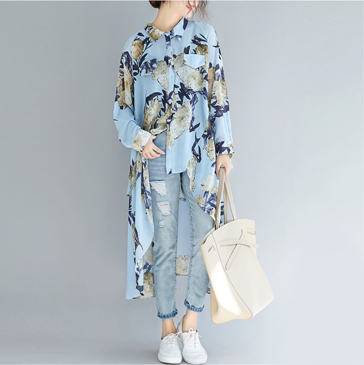 Long Printed Chiffon Blouse for Women with Asymmetric Hem