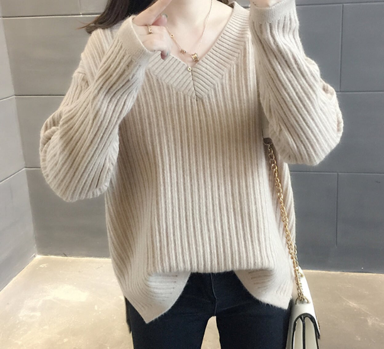 Ribbed Knit Sweater for Women with a V-Neck Design