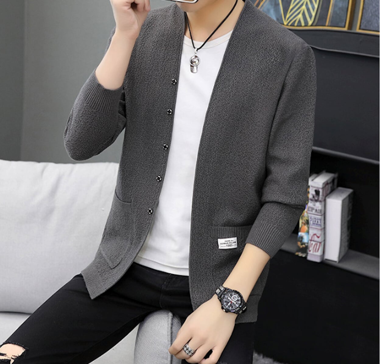 Cardigan for Men with Snap Buttons and Pockets