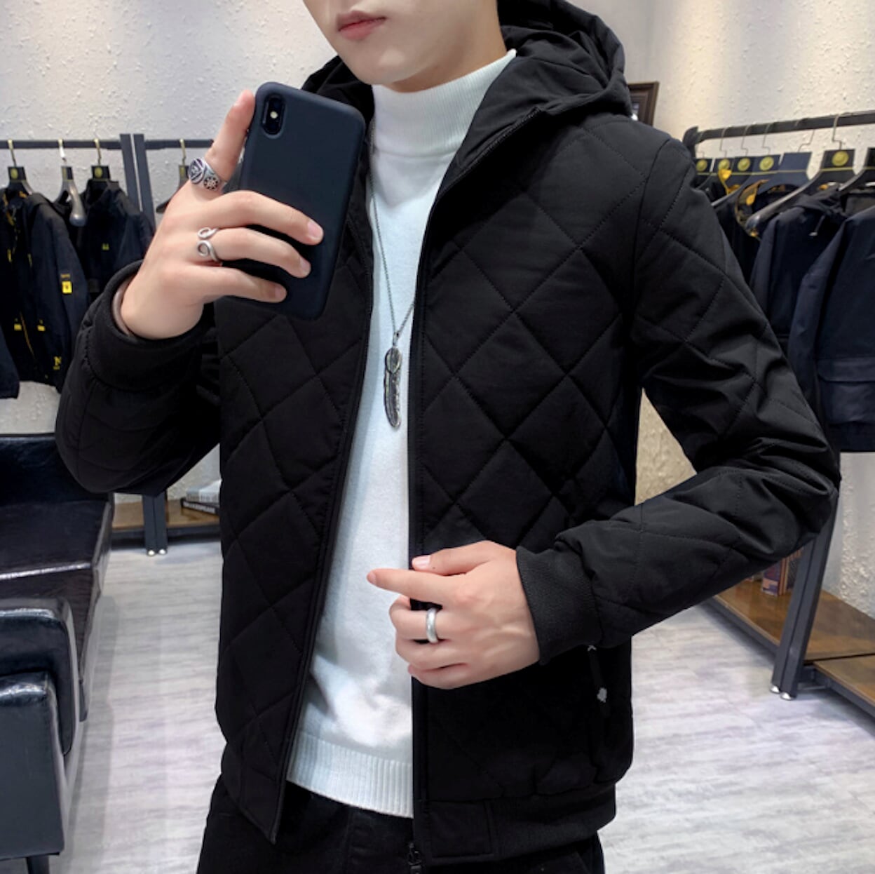 Quilted Hooded Jacket for Men with Zipper Closure