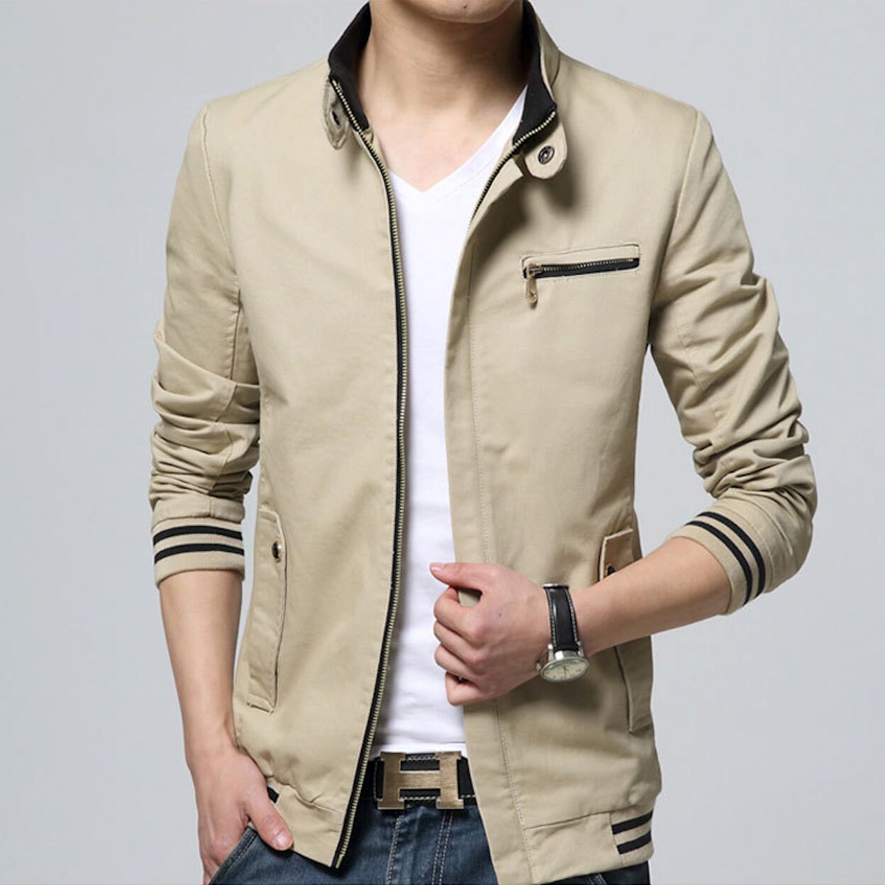 Beige Zip-up Jacket with Stand Collar for Men