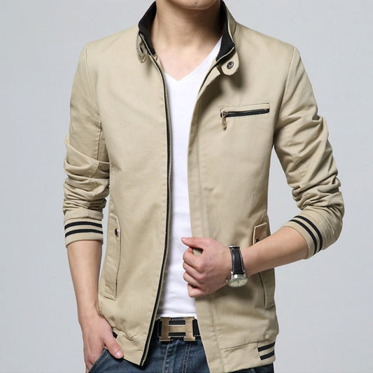 Beige Zip-up Jacket with Stand Collar for Men